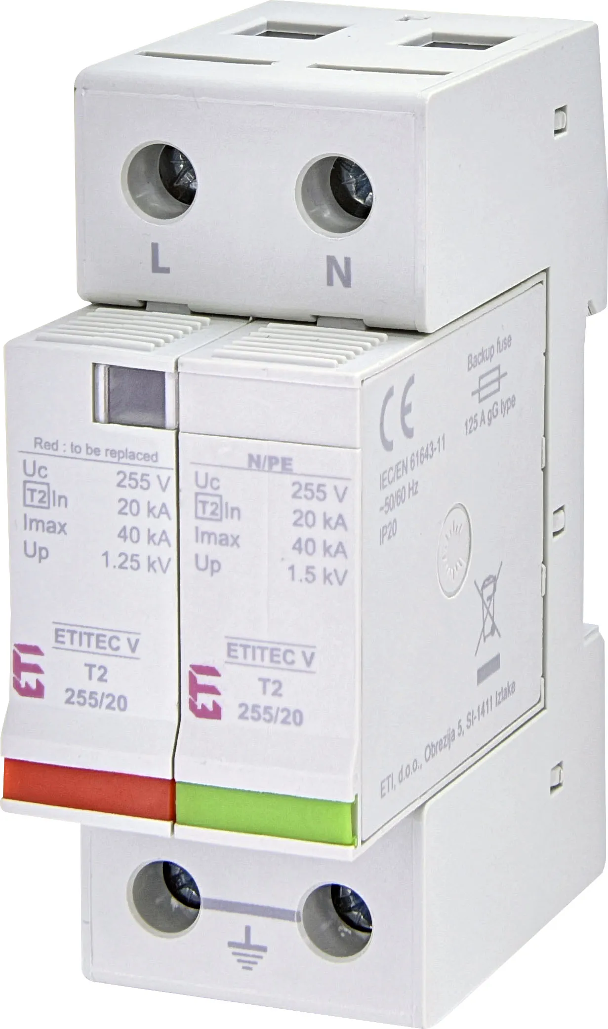 Surge arrester ETITEC V T2 255/20 1+1 RC 002442960